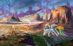 Size: 670x429 | Tagged: safe, artist:owlvortex, little strongheart, rainbow dash, bison, buffalo, pegasus, pony, g4, desert, scenery, smoke, tree