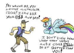 Size: 1400x1000 | Tagged: safe, artist:zalinki, rainbow dash, human, g4, crossover, scout (tf2), team fortress 2