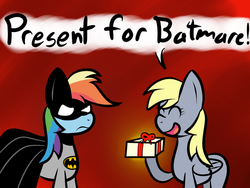 Size: 500x375 | Tagged: safe, derpy hooves, rainbow dash, pegasus, pony, g4, batman, batmare, crossover, female, mare, parody, present