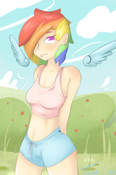 Size: 1333x2000 | Tagged: safe, artist:tesslashy, rainbow dash, human, g4, belly button, breasts, clothes, female, humanized, midriff, solo, sports bra, wings
