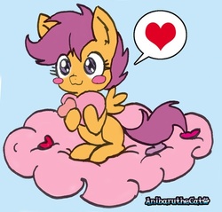 Size: 500x478 | Tagged: safe, artist:anibaruthecat, scootaloo, pegasus, pony, g4, :3, blushing, cloud, cute, cutealoo, female, heart, solo