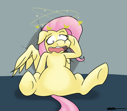 Size: 2000x1750 | Tagged: safe, artist:wiggabuysomeapples, fluttershy, g4, circling stars, crash, featureless crotch, female, solo, underhoof