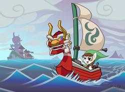 Size: 1815x1330 | Tagged: safe, artist:cazra, pipsqueak, earth pony, pony, g4, boat, coat markings, colt, island, king of red lions, male, ocean, pinto, the legend of zelda, the legend of zelda: the wind waker, toon link