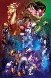 Size: 700x1062 | Tagged: safe, artist:therealjoshlyman, artist:vest, angel bunny, discord, king sombra, nightmare moon, nightmare rarity, queen chrysalis, trixie, alicorn, changeling, changeling queen, draconequus, pony, rabbit, unicorn, g4, animal, antagonist, female, looking at you, male, mare, one of these things is not like the others, poster, stallion