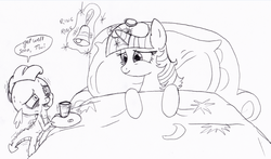Size: 800x470 | Tagged: safe, artist:queencold, spike, twilight sparkle, dragon, pony, g4, bags under eyes, bed, bell, blanket, cup, drink, exhausted, female, glass, levitation, magic, male, mare, medicine, messy mane, monochrome, open mouth, pill, pillow, plate, shivering, sick, sketch, skinny, smiling, telekinesis, thin, tired, traditional art, water, wide eyes