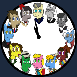 Size: 1024x1024 | Tagged: safe, artist:the-skullivan, doctor whooves, time turner, earth pony, pony, g4, clock, doctor who, eighth doctor, eleventh doctor, fifth doctor, first doctor, fourth doctor, ninth doctor, ponified, second doctor, seventh doctor, simple background, sixth doctor, tenth doctor, the doctor, third doctor, transparent background, twelfth doctor