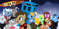 Size: 1070x536 | Tagged: safe, doctor whooves, time turner, earth pony, pony, g4, dalek, day of the doctor, doctor who, eighth doctor, fifth doctor, first doctor, fourth doctor, ninth doctor, ponified, second doctor, seventh doctor, sixth doctor, tardis, the doctor, third doctor