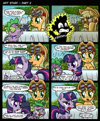 Size: 2000x2425 | Tagged: safe, artist:gray--day, applejack, spike, twilight sparkle, alicorn, pony, comic:hot stuff, g4, 2013, chilli, comic, electrocution, female, food, goggles, mare, pun, twilight sparkle (alicorn)