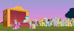Size: 3863x1652 | Tagged: safe, artist:bluemeganium, apple cobbler, berry punch, berryshine, carrot top, cloud kicker, cloudchaser, flitter, golden harvest, lemon hearts, linky, merry may, noi, octavia melody, rainbowshine, sea swirl, seafoam, shoeshine, spring melody, spring skies, sprinkle medley, sunshower raindrops, twinkleshine, earth pony, pegasus, pony, unicorn, g4, apple family member, audience, background pony, cello, cheering, clothes, crowd, dress, dusk, eyes closed, female, filly, mare, music, musical instrument, raised hoof, siblings, singing, sisters, sitting, sky, stage, stars, sunset, vector