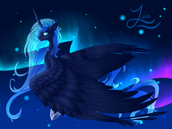 Size: 1024x768 | Tagged: safe, artist:swiftyuki, princess luna, g4, aurora borealis, female, flying, solo