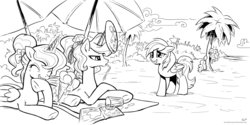 Size: 2000x1000 | Tagged: safe, artist:kp-shadowsquirrel, pinkie pie, princess celestia, princess luna, rainbow dash, g4, beach, frisbee, ice cream, lineart, monochrome, unamused