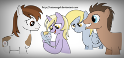 Size: 3120x1464 | Tagged: safe, artist:estevangel, derpy hooves, dinky hooves, doctor whooves, pipsqueak, time turner, oc, earth pony, pegasus, pony, unicorn, g4, equestria's best mother, female, foal, male, mare, offspring, parent:dinky hooves, parent:pipsqueak, parents:dinkysqueak, ship:dinkysqueak, stallion