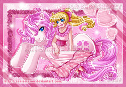 Size: 800x550 | Tagged: safe, artist:anniemsson, megan williams, sundance, earth pony, human, pony, g1, blushing, clothes, dress, duo, duo female, female