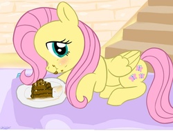 Size: 917x698 | Tagged: safe, edit, fluttershy, pegasus, pony, g4, blushing, cake, eating, female, grotesque source, looking at you, solo