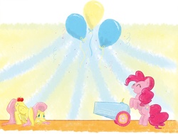 Size: 1000x757 | Tagged: safe, artist:erysz, fluttershy, pinkie pie, g4, apple, balloon, cannon, circus