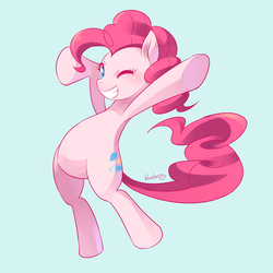 Size: 842x842 | Tagged: safe, artist:blueberry, pinkie pie, earth pony, pony, g4, bipedal, blue background, female, looking at you, mare, one eye closed, pixiv, simple background, smiling, smiling at you, solo, wink, winking at you
