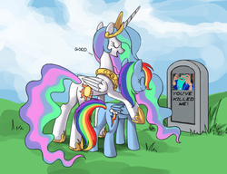 Size: 910x700 | Tagged: safe, princess celestia, rainbow dash, alicorn, pegasus, pony, g4, butt, cd-i, celestia's grave meme, exploitable meme, female, good, grave, hectan, hektan, implied death, mare, meme, plot, the legend of zelda, zelda cdi, zelda: the wand of gamelon