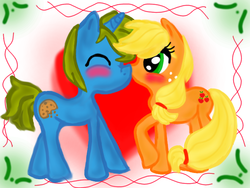 Size: 800x600 | Tagged: safe, artist:cookiejoe1, applejack, oc, g4, canon x oc, kissing