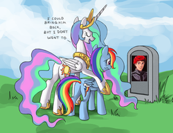 Size: 910x700 | Tagged: safe, princess celestia, rainbow dash, alicorn, pegasus, pony, g4, bitchlestia, butt, celestia's grave meme, exploitable meme, female, implied death, legend of the galactic heroes, mare, meme, plot, siegfried kircheis, spoilers for another series