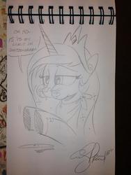 Size: 852x1136 | Tagged: safe, artist:andypriceart, princess celestia, alicorn, pony, g4, aweeg*, blazing saddles, bust, eating, female, mare, monochrome, parody, ponies eating meat, quote, sausage, schnitzengruben, sketch, solo, stuffed, stuffing, traditional art