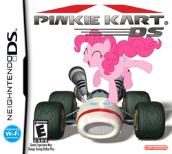 Size: 1000x897 | Tagged: safe, artist:nickyv917, pinkie pie, earth pony, pony, g4, crossover, eyes closed, female, game cover, kart, male, mare, mario, mario kart, mario kart ds, nintendo, nintendo ds, open mouth, open smile, parody, smiling, solo, super mario bros.