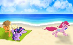 Size: 3200x2000 | Tagged: safe, artist:xonxt, applejack, pinkie pie, twilight sparkle, earth pony, pony, g4, assisted exposure, beach, bikini, clothes, clothing theft, facehoof, partial nudity, swimsuit, tan lines, topless