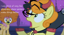 Size: 500x278 | Tagged: safe, edit, edited screencap, screencap, carrot top, dizzy twister, golden harvest, orange swirl, big cat, devil, lion, spider, g4, luna eclipsed, adventure in the comments, animal costume, clothes, costume, devil costume, insane pony thread, nightmare night costume