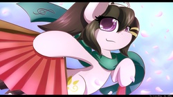 Size: 1920x1080 | Tagged: safe, artist:dshou, oc, oc only, oc:anje, earth pony, pony, g4, fan, female, letterboxing, looking at you, mare, solo