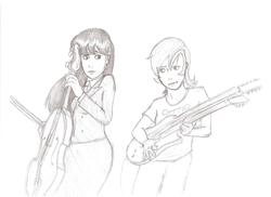 Size: 2338x1700 | Tagged: artist needed, safe, lyra heartstrings, octavia melody, human, g4, cello, guitar, humanized, monochrome, musical instrument