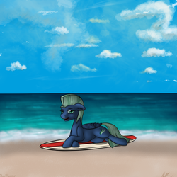 Size: 1000x1000 | Tagged: safe, artist:nick, oc, oc only, oc:sea breeze, beach, solo, surfboard