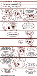 Size: 500x1028 | Tagged: safe, artist:うめぐる, pinkie pie, rainbow dash, earth pony, pegasus, pony, g4, boop, comic, empty eyes, food, jealous, monochrome, no catchlights, noseboop, sandwich, this will end in tears and/or death, yandere