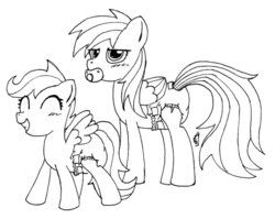 Size: 600x478 | Tagged: safe, artist:geotastic, rainbow dash, scootaloo, pegasus, pony, g4, blushing, diaper, diaper fetish, female, filly, foal, mare, monochrome, non-baby in diaper, pacifier