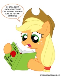 Size: 691x866 | Tagged: safe, artist:gonzahermeg, applejack, earth pony, pony, g4, accent, book, female, illiteracy, mare, silly, silly pony, simple background, solo, who's a silly pony