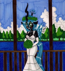 Size: 1618x1764 | Tagged: safe, artist:newyorkx3, queen chrysalis, changeling, changeling queen, anthro, g4, blushing, breasts, bride, busty queen chrysalis, cleavage, clothes, dress, eyeshadow, female, green eyeshadow, makeup, solo, traditional art, wedding dress