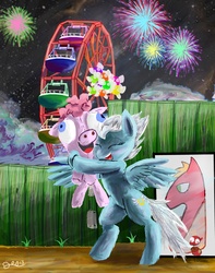 Size: 3511x4449 | Tagged: safe, artist:owlvortex, fleetfoot, pegasus, pony, g4, zen and the art of gazebo repair, spoiler:comic, spoiler:comic09, clothes, eyes closed, female, ferris wheel, fireworks, happy, male, mare, pinkie costume, pinkie pie plushie, pinkie pie's pinkie pie costume, plushie, pony costume, ship:fleetmac, shipping, spike's custom pony figures, stallion, straight