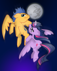 Size: 801x997 | Tagged: safe, artist:onewingart, flash sentry, twilight sparkle, alicorn, pegasus, pony, g4, female, flying, male, mare, mare in the moon, moon, night, ship:flashlight, shipping, stallion