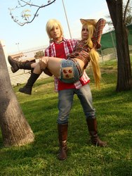 Size: 720x960 | Tagged: safe, artist:deniisseh, applejack, big macintosh, human, g4, carrying, cosplay, irl, irl human, photo