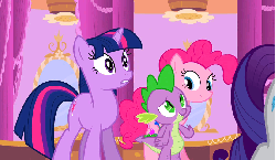 Size: 822x480 | Tagged: safe, screencap, pinkie pie, spike, twilight sparkle, pony, g4, green isn't your color, animated, lidded eyes, pin, pincushion spike