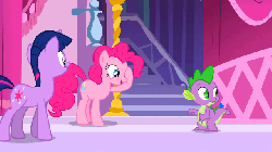 Size: 640x360 | Tagged: safe, screencap, pinkie pie, spike, twilight sparkle, pony, g4, green isn't your color, animated, animation error, butt, face grab, pin, pincushion spike, plot