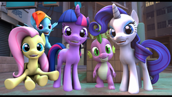 Size: 3840x2160 | Tagged: dead source, safe, artist:udacom, fluttershy, rainbow dash, rarity, spike, twilight sparkle, dragon, pony, g4, 3d, female, looking at you, male, mare, smiling, source filmmaker
