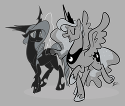 Size: 500x424 | Tagged: safe, artist:egophiliac, princess luna, oc, oc:imogen, alicorn, changeling, changeling queen, pony, moonstuck, g4, changeling oc, changeling queen oc, female, grayscale, monochrome, older, queen imogen