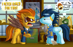 Size: 1700x1100 | Tagged: safe, artist:berrypawnch, soarin', spitfire, cyborg, pegasus, pony, g4, crossover, deus ex, deus ex: human revolution, goggles, i never asked for this, implied amputation, parody, pie, rage guy, uncanny valley, wings