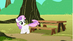Size: 1010x571 | Tagged: safe, edit, edited screencap, screencap, sweetie belle, pony, unicorn, g4, the show stoppers, animated, female, filly, reversed, solo, sweeping, sweepy belle, tail swish