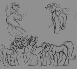 Size: 1280x1152 | Tagged: artist needed, safe, applejack (g1), firefly, posey, sparkler (g1), surprise, twilight, g1, g4, 30 minute art challenge, g1 six, g1 to g4, generation leap, monochrome