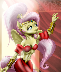 Size: 1407x1673 | Tagged: safe, artist:mykegreywolf, fluttershy, genie, anthro, g4, armpits, belly button, breasts, cleavage, crossover, female, midriff, shantae, shantae (character), solo