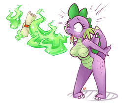 Size: 940x800 | Tagged: safe, artist:stoney pony, spike, dragon, anthro, g4, barb, barbie doll anatomy, breasts, burp, busty barb, dragon mail, dragonfire, featureless breasts, female, fire, fire breath, fire burp, green fire, lizard breasts, nudity, older, open mouth, rule 63, scroll, simple background, solo, surprised, tongue out, white background