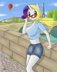 Size: 1000x1250 | Tagged: safe, artist:kasaler, rarity, anthro, g4, balloon, belly button, breasts, busty rarity, camping outfit, cleavage, clothes, eiffel tower, female, glasses, headscarf, midriff, scarf, shorts, solo