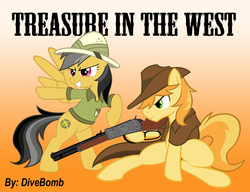 Size: 1950x1500 | Tagged: safe, artist:divebomb5, braeburn, daring do, fanfic:treasure in the west, g4, braedo, fanfic, fanfic art, fanfic cover, gun, rifle