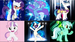 Size: 1920x1080 | Tagged: safe, artist:mr-kennedy92, dj pon-3, lyra heartstrings, rarity, shining armor, sweetie belle, trixie, vinyl scratch, pony, unicorn, g4, cap, collage, cutie mark, filly, glasses, hat, spark