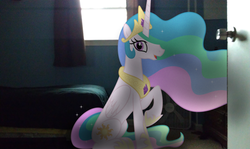 Size: 1024x612 | Tagged: safe, artist:natethebrony, princess celestia, g4, bed, door, fan, irl, photo, ponies in real life, solo, vector, window